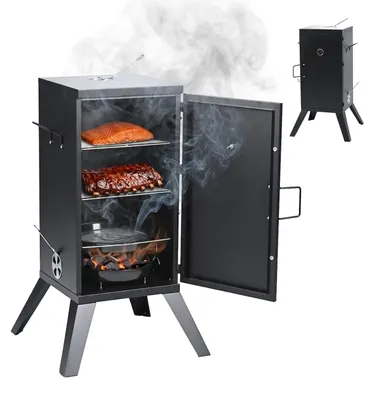 Image de Fumoir Relaxdays, viande et poisson, 2 niveaux, thermomètre, charbon de bois, H x L x P : 108,5 x 57 x 56 cm, acier, fumoir, noir