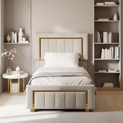 Zdjęcie produktu dla Łóżko tapicerowane INONEFT, 90x200 cm, z pojemnikiem na pościel, łóżko z podwójnym materacem (boxspring) z hydraulicznym pojemnikiem i regulowanym zagłówkiem, łóżko młodzieżowe, obite welurem, bez materaca, kolor beżowy