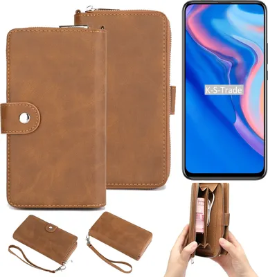Produktbild von K-S-Trade Handyhülle Schutzhülle kompatibel mit Huawei P Smart Z & Portemonnee Tasche Handytasche Case Etui Geldbörse Wallet braun (1x)