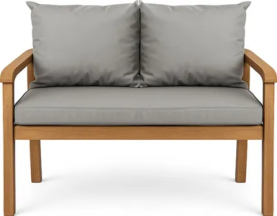 A studio shot of a two-seater outdoor sofa with gray cushions.