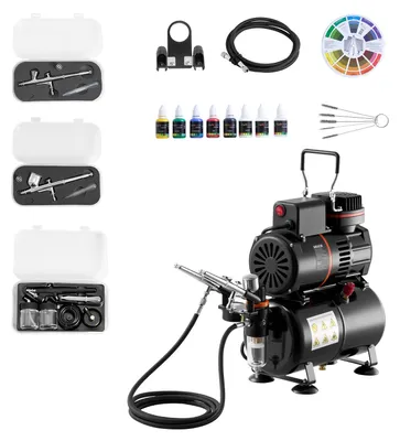Obrázek produktu pro VEVOR airbrush set 1/6 hp s kompresorem a nádrží, dvojčinné 3 airbrush pistole se 3 tryskami (0,3/0,3/0,5 mm) a hadicí a akrylovou barvou a 2 ventilátory, pro zdobení dortů, malování modelů a nehtů
