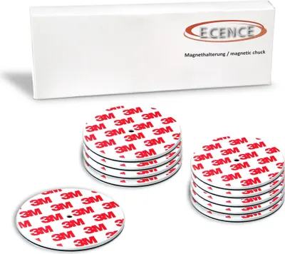 A product shot of adhesive magnetic mounts with a white box in the background.
