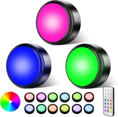 Productafbeelding van Dimbare LED Lampjes - Drukspots - Sfeerverlichting Creëren - 16 Kleuren - 3 Stuks - Zwart