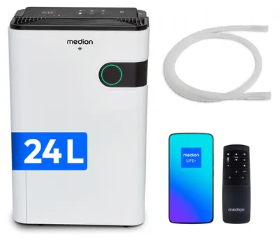Produktbild von MEDION DH30S Luftentfeuchter elektrisch (smart, bis zu 150m³ (40m²), 24Liter/24h, 43db leise, elektrischer Raumentfeuchter, Timer, Bodenrollen, Entfeuchter)