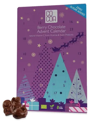 KALENDARZ ADWENTOWY Z CZEKOLADY JAGODOWEJ Z WITAMINĄ C Z ACEROLI BEZ DODATKU CUKRÓW BIO 180 g - COCOA