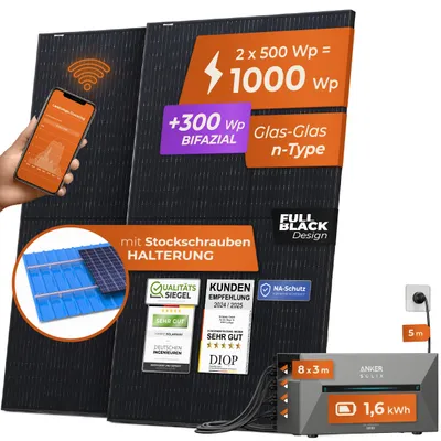 Produktbild von Solarway All In One Speicher Balkonkraftwerk 1000W komplett mit 1,6 kWh Anker Solix 2 PRO Speicher - Solaranlage Komplettset - 500W Solarmodule - Stockschrauben Halterung