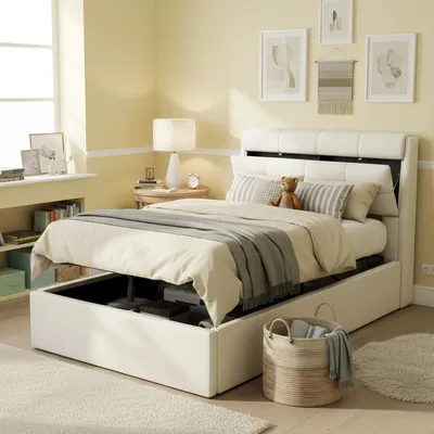 A bedroom scene with a bed, nightstand, and wall decor.