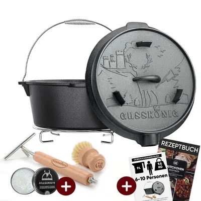 Obrázek produktu pro GUSSKÖNIG Premium Dutch Oven [9 l] bez nožiček – vypálený litinový hrnec se zvedákem poklice 2v1, kartáčem a knihou receptů [4–7 osob]