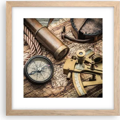 Produktbild von Gerahmtes Poster - Rahmen in heller Eiche - Kompass Kompass Karte - 30x30 cm - Wand Bild - Wanddeko - Wandbilder - Wandposter - Bilderrahmen - Bilder - Kunstdruck - Wandbild - P2NAC30x30-3730