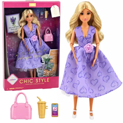 Produktbild von Anlily Modepuppe im lila Kleid mit Herzen und Handtaschen-Accessoires-Set