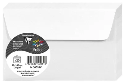 Produktbild von Clairefontaine 50031C - Packung mit 20 Umschläge Pollen, Mini Format 9x14cm, 120g, ideal für Einladungen und Korrespondenz, Weiß Perlmutt, 1 Pack