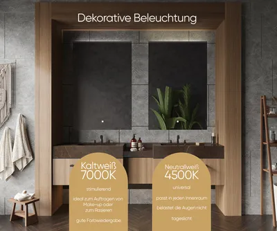 A modern bathroom vanity with two sinks and mirrors, featuring decorative LED lighting. Text overlays describe different LED color temperatures.