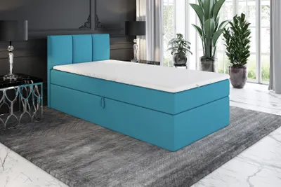 Produktbild von Boxspringbett, Jugendbett NASI 90x200 (Links) mit Bettkästen, Bonell-Matratze und Topper. Farbe: Blau.