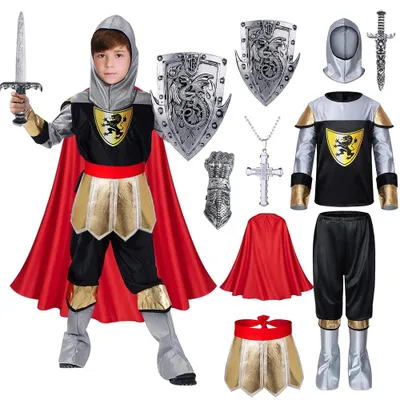 Ritterkostüm für Kinder, 9-teilig, mit Helm, Schwert, Schild, Umhang