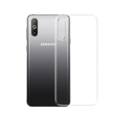 A transparent phone case is shown next to a Samsung phone.