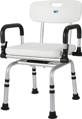 A white and silver shower chair with black armrests and feet, shown against a white background.