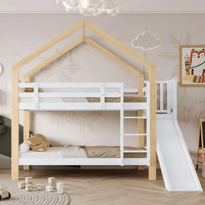 Zdjęcie produktu dla Łóżko piętrowe 90x200 cm ze zjeżdżalnią, 3-stopniową drabinką, dachem i zabezpieczeniem przed upadkiem, łóżko domek dla dzieci z barierką ochronną, lite drewno, biały/naturalny