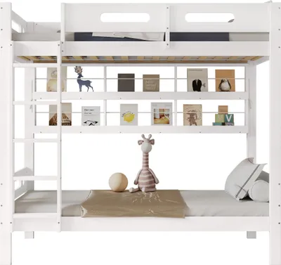 Produktbild von Etagenbett mit 2 Liegeflächen (90x200 cm) Kinderbett mit Regal und Rausfallschutz, Kiefer