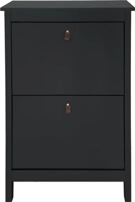A front view of a black shoe cabinet with two drawers.