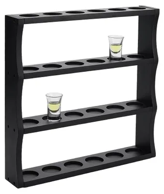 Wandvitrine für Schnapsgläser, 4 Ebenen, 24 Fächer, Holz, Schwarz, 42x43x7,6 cm