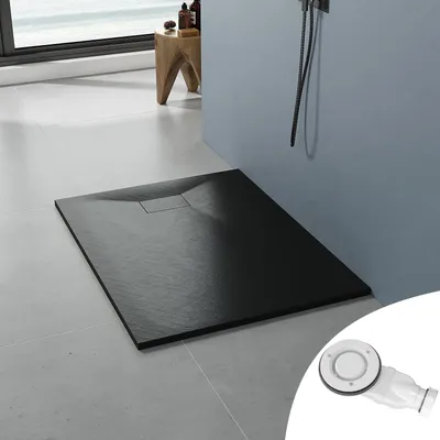 Produktbild von AQUABATOS SMC Duschwannen für badezimmer antirutsch, schieferoptik duschtasse rechteckig, modern-design brausewanne schwarz extra-flach 120x90cm mit Abdeckung Siphon/Ablaufgarnitur