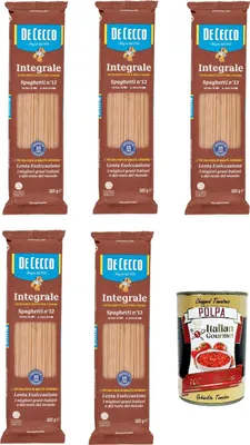 Produktbild von De Cecco Integrale Spaghetti N° 12, Pasta integrale, Vollkornnudeln, 5x 500g + Italian Gourmet polpa 400g