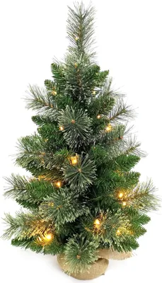 Obrázek produktu pro 24 Inch Small Christmas Tree with Floral Pine Needles Warm White LED Light String Burlap Wrapped Base Christmas Ornament for Table Top Desk Classic Series Holiday Decoration