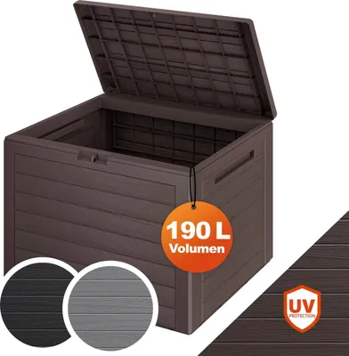 A brown plastic storage box with its lid open, showing two circular swatches of different colors below it, and a UV protection icon in the lower right corner.