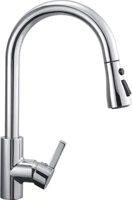A chrome kitchen faucet with a pull-out spout and a single lever handle, shown against a white background.