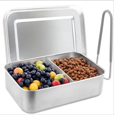 Immagine prodotto di Contenitore per il pranzo in acciaio inossidabile da 1400 ml con 2 scomparti - Contenitore per il pranzo in metallo a tenuta stagna e ermetico - Contenitore per il pranzo senza BPA con divisori scorrevoli - Per adulti e bambini
