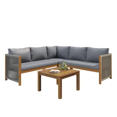 Produktbild von Gartenmöbel-Set, Ecksofa + Couchtisch, Akazienrahmen, Akazientischplatte, geflochtenes Seilhandwerk, geeignet für den Garten