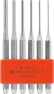 Zdjęcie produktu dla Zestaw wybijaków do zawleczek PB Swiss Tools, w plastikowym uchwycie, specjalnej jakości, chromowany, 6-częściowy