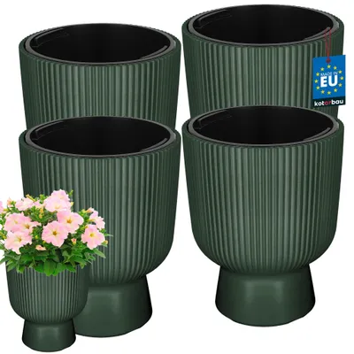 Produktbild von KOTARBAU® 4er Set Blumentopf ⌀ 23cm Orchideentopf Übertopf mit Innentopf Pflanzentopf mit Sockel Geriffelt Kelchform Pflanzkübel aus Kunststoff Grün