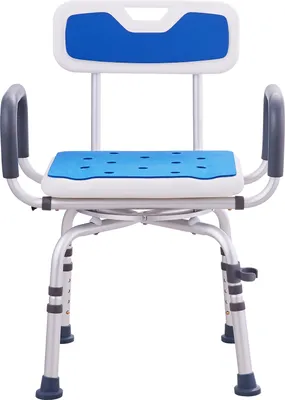 A front view of a blue and white shower chair with armrests and a backrest, set against a white background.