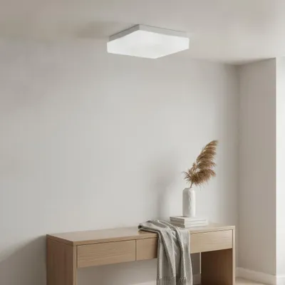 Image de Elégant plafonnier de salle de bains Cube en verre opale blanc, Variante : 1 x 40 W, 250 x 250 x 75 mm, Image générée par une IA