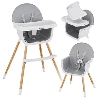 A collage of a baby high chair in different configurations and a separate seat.