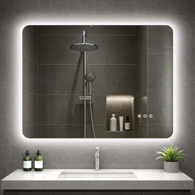 Produktbild von GIMBELEN LED-Badspiegel, 80 x 60 cm, 3 Lichtfarben, dimmbar, Touch-Schalter, beschlagfrei, IP44, Silber