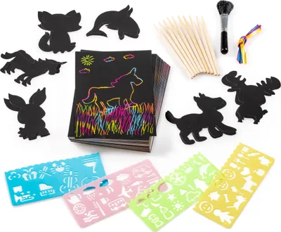 A collection of scratch art supplies for children, including scratch art cards with colorful designs, stencils, and wooden styluses.