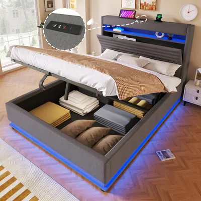 Zdjęcie produktu dla Łóżko tapicerowane Merax 140 x 200 cm, łóżko dziecięce z funkcją ładowania USB typu C, oświetleniem LED, hydraulicznym podnośnikiem, schowkiem typu flip-top, pościelą, kolor szary