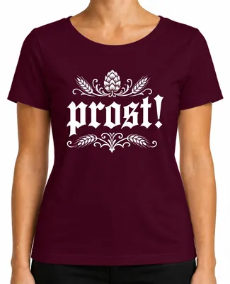 Productafbeelding van Proost! Hopfen Gerste Bierfestival. Traditionele kleding: Dirndl-shirt, lederen broek. Dames T-shirt, bordeauxrood, maat S