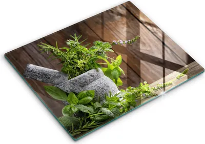 Produktbild von Glasschneideplatte - Herdabdeckplatte - 52x40 cm - Schneidebrett - Spritzschutz - Kräuter und Holzpflanzen