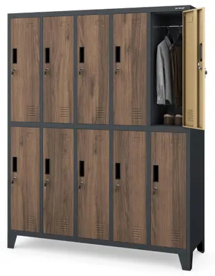Produktbild von Umkleideschrank Spind BARTEK 10 Abteile Etikettenhalter Lüftungsschlitze | Umkleidespind Schließfachschrank Garderobenspind 172x136x45cm Anthrazit-Nussbaum