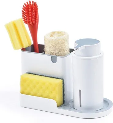Immagine prodotto di Distributore di sapone con porta-spugna, organizer da cucina, ABS, bianco