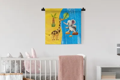 Produktbild von MuchoWow® Wandteppich Wandbehang Elefant - Giraffe - Strand - Meer 60x60 cm Tapisserie Dekoration Wandtuch - Dekorationen - Wand Decke