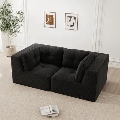 Obrázek produktu pro Modulární rohový gauč Cord, dvoumístná sedačka, černá barva, bez rámu, s výplní z pěny 32D a hloubkou sedu 74 cm, vhodný do obývacího pokoje, rozměry 208x104x69 cm