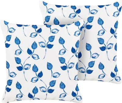 Produktbild von BELIANI Gartenkissen 2er Set Weiß / Blau 45 x 45 cm Quadratisch Blättermotiv Blättermuster Outdoor Kissen für Garten Terrasse