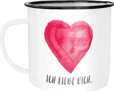 Produktbild von Emaille-Tasse Herz Spruch Ich liebe dich Geschenk Freundin Freund Ehemann Ehefrau Valentinstag Weihnachten Moonworks® weiß-schwarz Emailletasse
