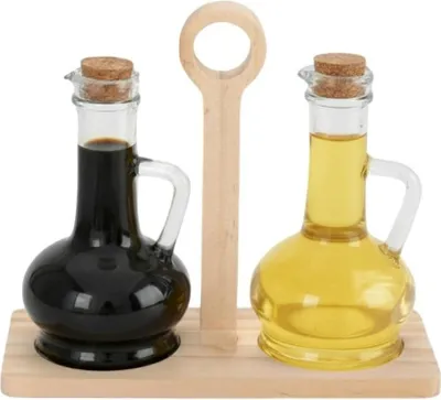 Produktbild von Glas-Essig-Öl-Spender im Holzständer - Set mit 2 Karaffen & Korkverschluss