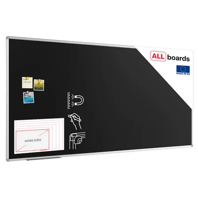 A black magnetic whiteboard with a silver frame, shown from a slight angle against a white background.