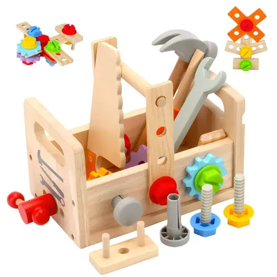 Imagen del producto de Caja de herramientas de madera, juguetes infantiles de colores, 1 juego, para niños a partir de 3 años
